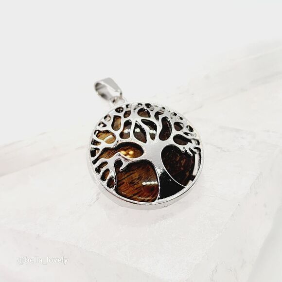 Yogi Tree of Life Tiger's Eye Silver Toned Handmade Pendant 1.5" - Picture 1 of 4